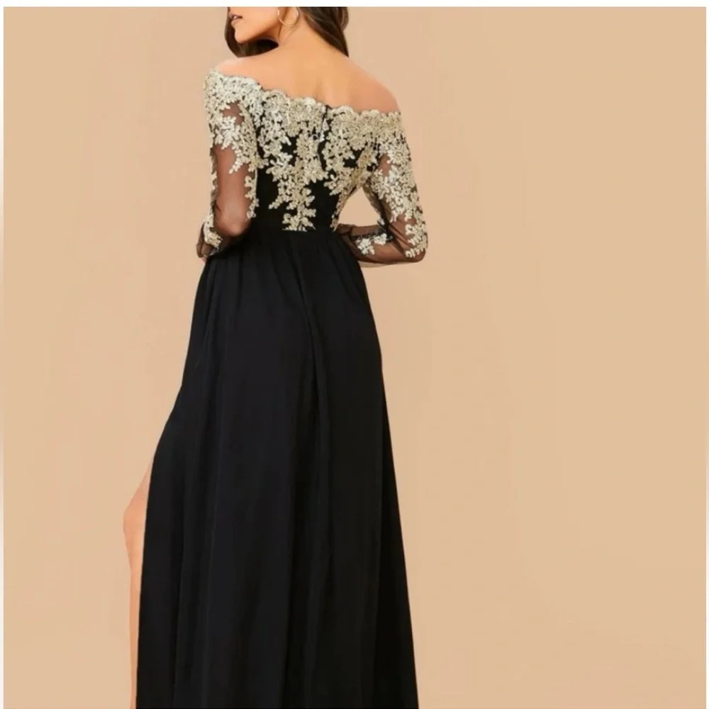 Sheln Black And Gold Off The Shoulder long dress size L. Never worn - Picture 2 of 6